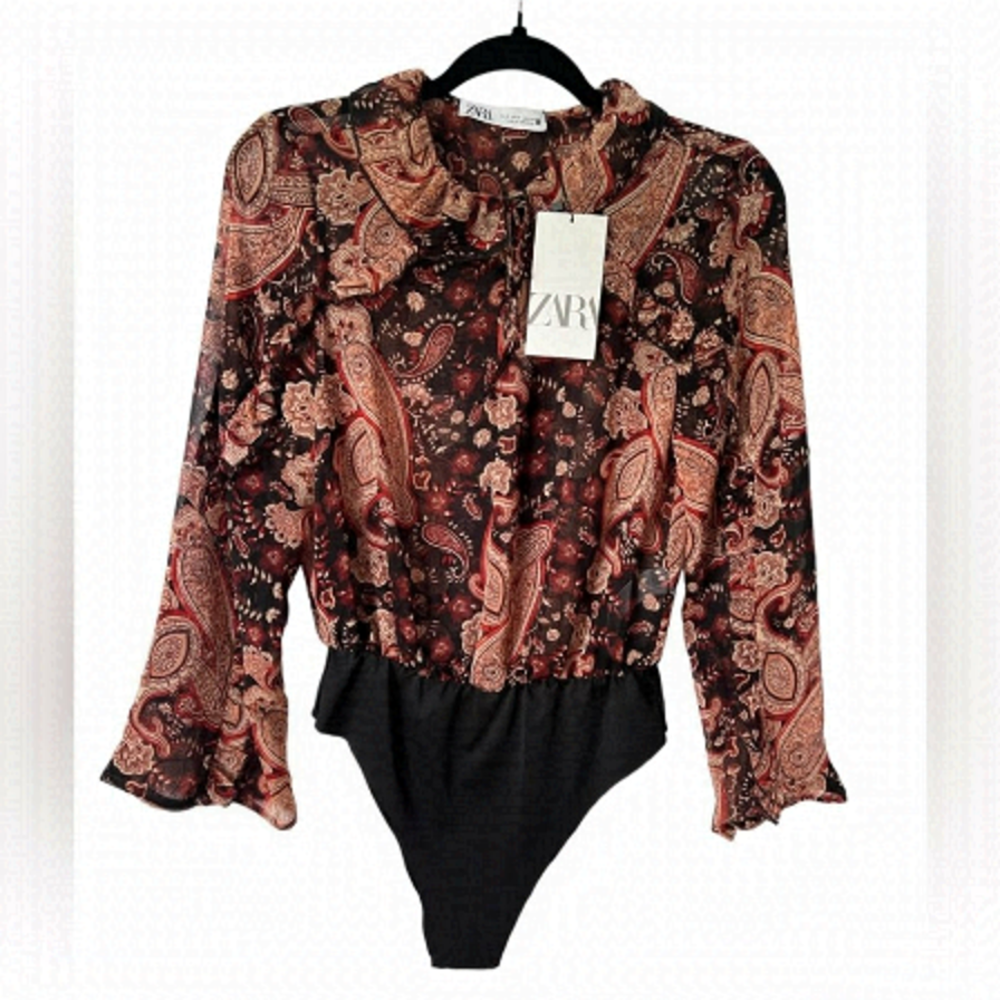 Zara, Women's Printed Ruffled Bodysuit - Multicolored. Size: S. NWT